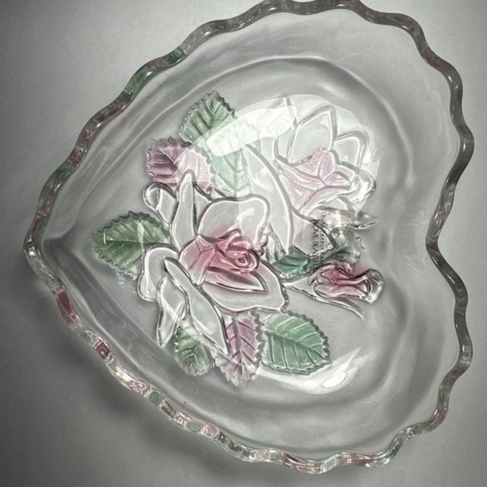 Home Beautiful Dish Japan VTG Crystal Floral Heart  Embossed‎ Rose Serve Candy